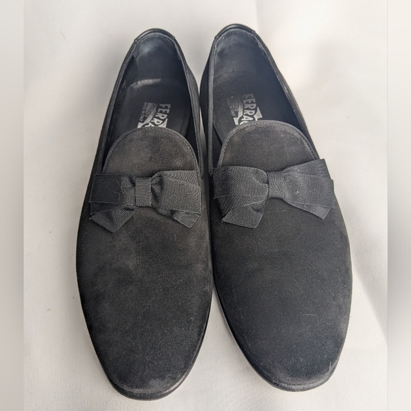 SALVATORE FERRAGAMO Men Loaffer Black Suede Shoes Size 7 Made In Italy With Bow - Picture 2 of 11